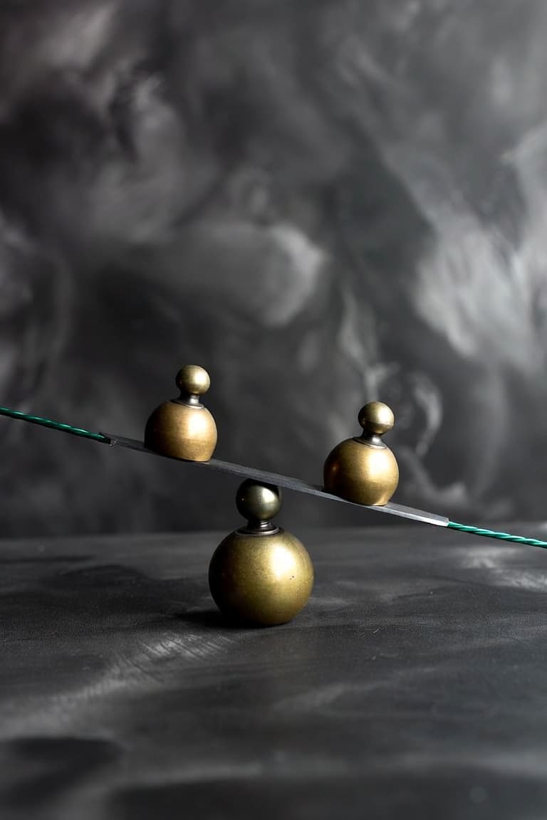 Two brass apothecary weights balanced on a knife's edge, connected by an emerald-green wire.