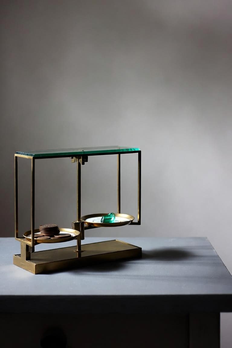 A brass apothecary balance scale with a glass top — one pan holding bronze coins, the other a single emerald-green glass weight.