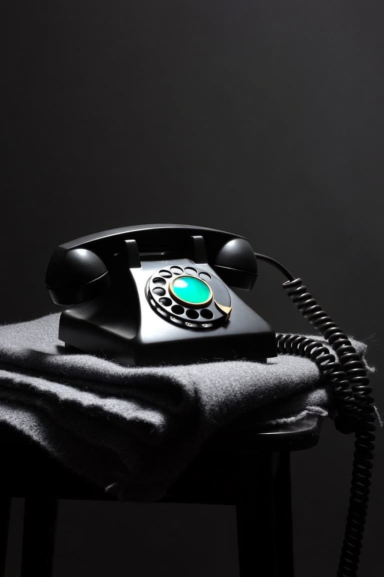 Ein klassisches Wählscheibentelefon aus Bakelit auf einer grauen Wolldecke, das aufgewickelte Kabel im Schatten — ein einzelner smaragdgrüner Lichtreflex auf der Messingscheibe.